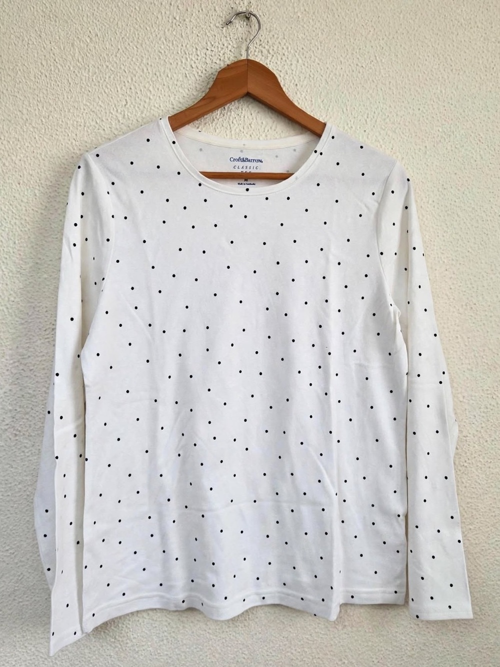 Croft& Barrow Classic White Black Polka Dot Long Sleeve Cotton Tee Size M